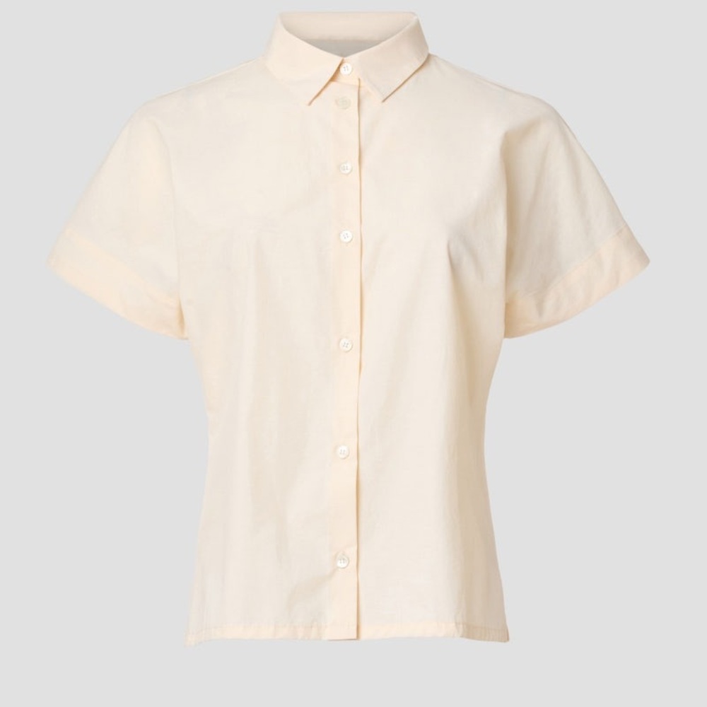 Natori Poplin Button Down Cream Short Sleeve Women’s Collared Shirt Size Medium